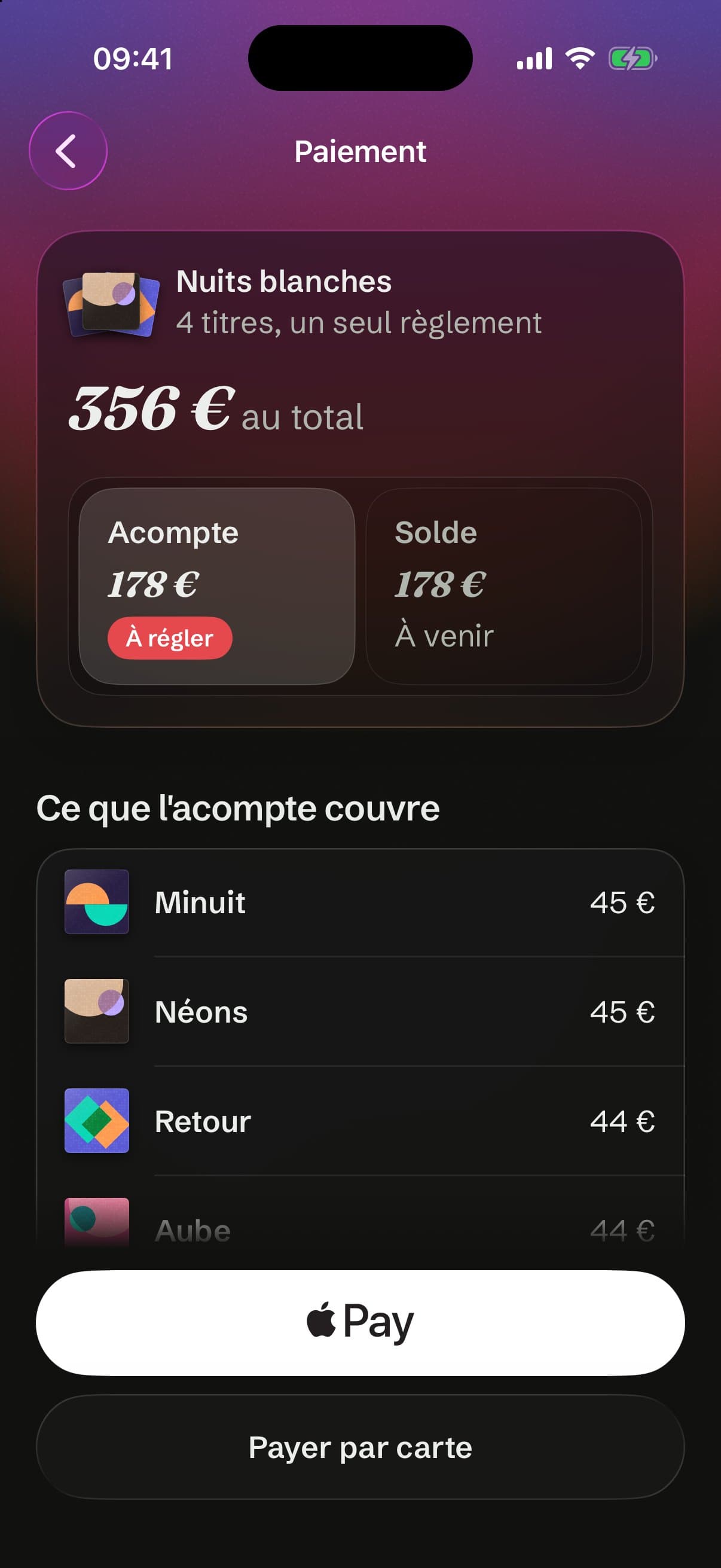 L'écran Paiement de Nuits blanches : quatre titres en un seul règlement, 356 € au total, l'acompte de 178 € à régler et le solde à venir, ce que l'acompte couvre titre par titre, puis Apple Pay et Payer par carte.
