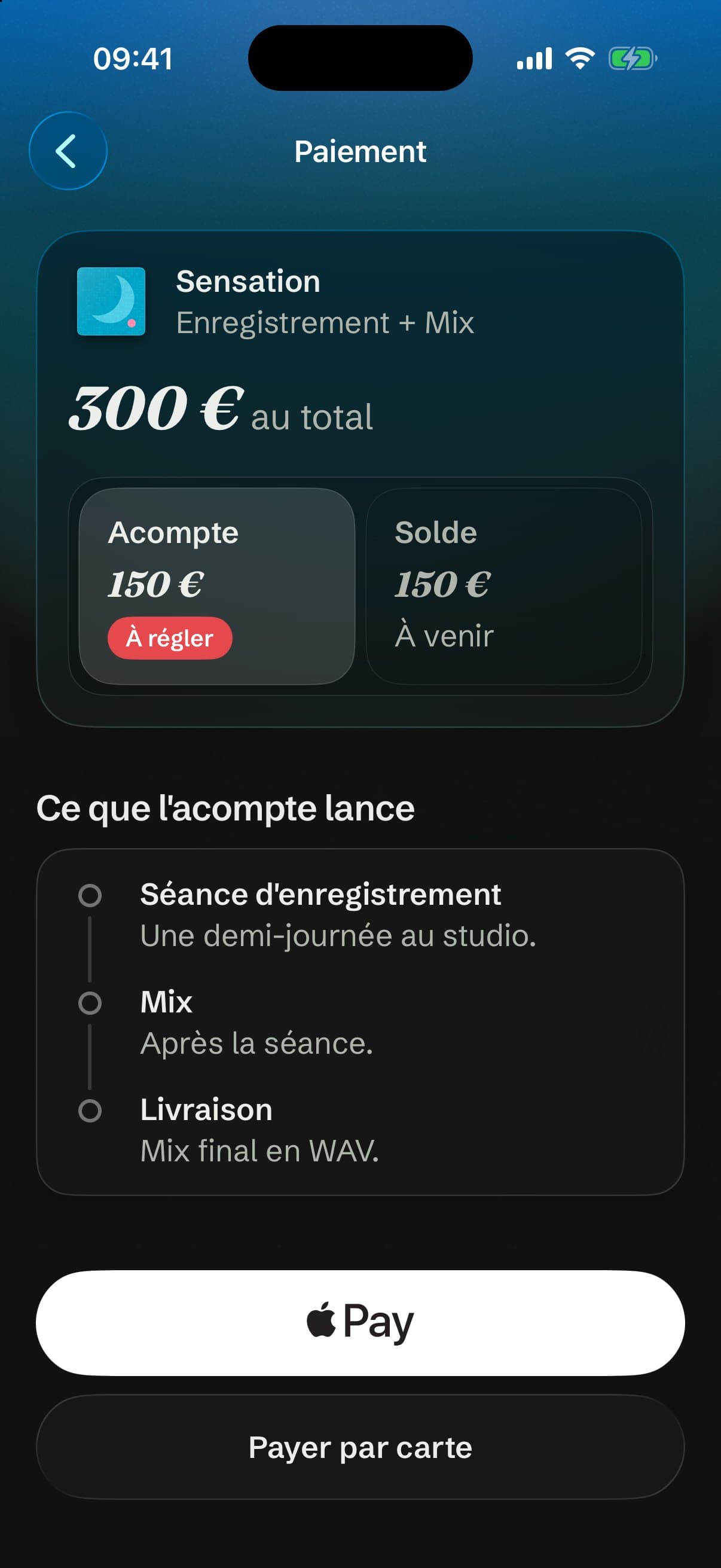 Paiement : l'acompte de 150 € à régler, Apple Pay en tête, puis Payer par carte.