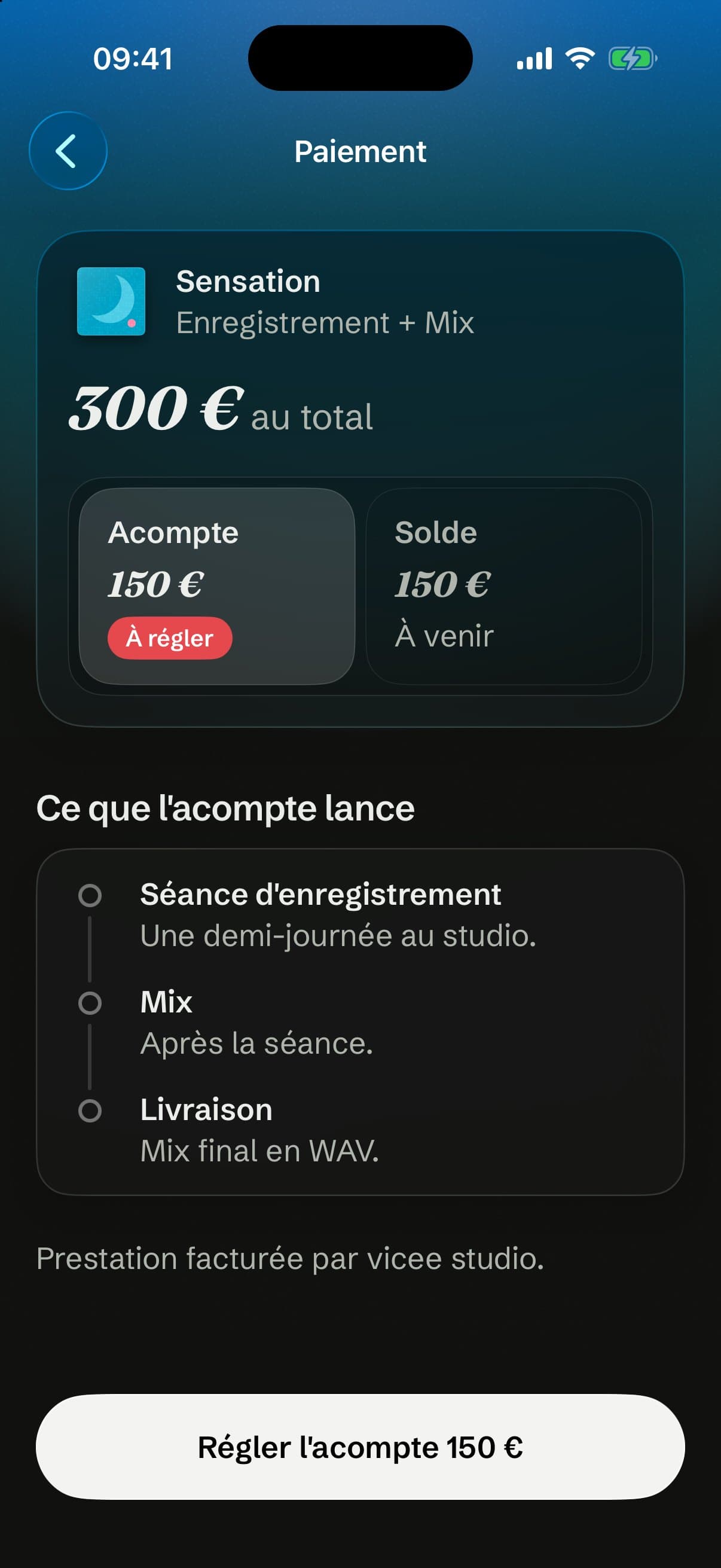 Paiement sans Apple Pay : un seul bouton, Régler l'acompte 150 €.