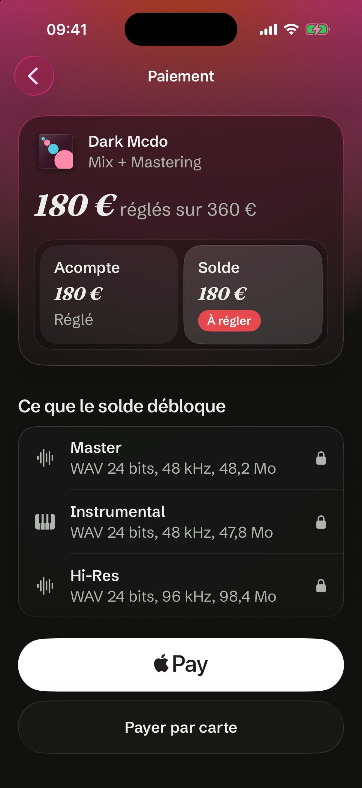 Paiement : 180 € réglés sur 360 €, le solde à régler avec Apple Pay.