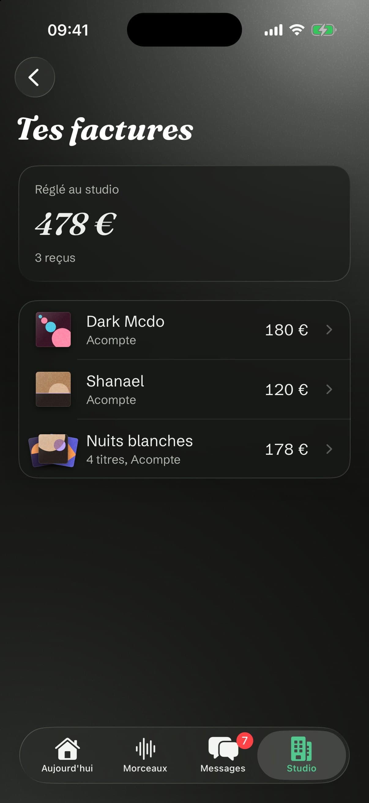Tes factures : trois reçus, dont l'album Nuits blanches, 4 titres, un acompte.