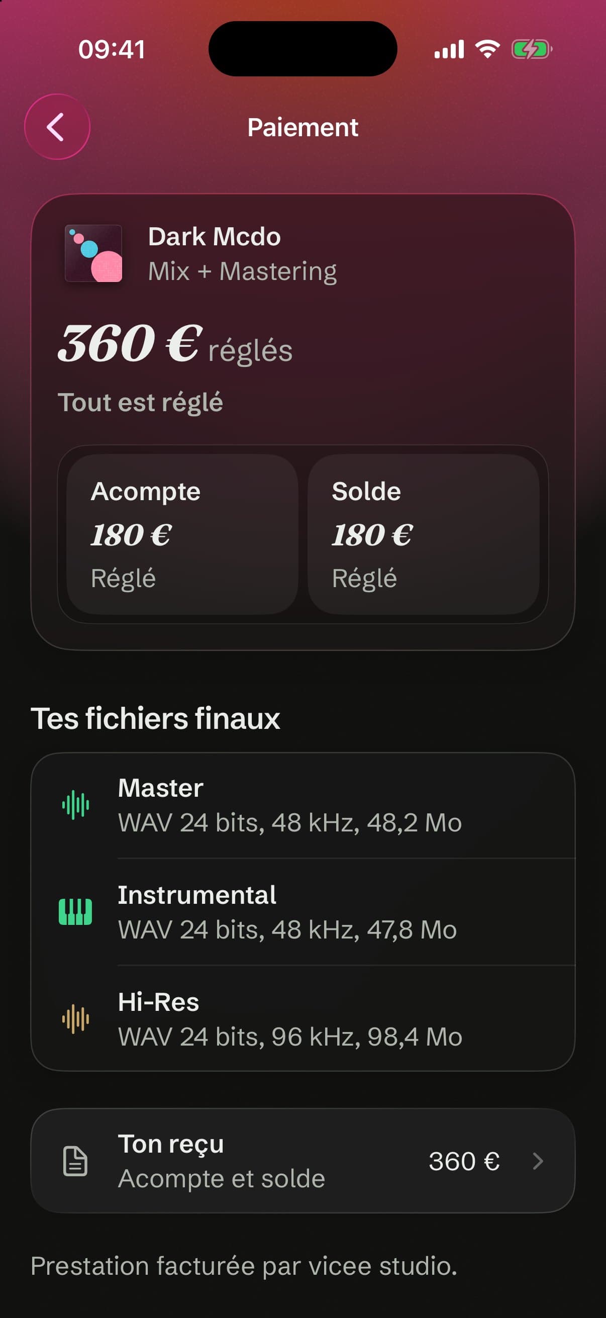 Paiement : 360 € réglés, tout est réglé, tes fichiers finaux ouverts et ton reçu.