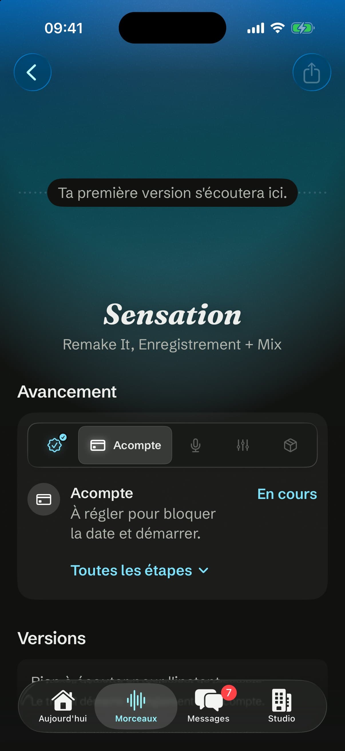 La fiche de Sensation : Avancement sur l'acompte, en cours, à régler pour bloquer la date et démarrer.