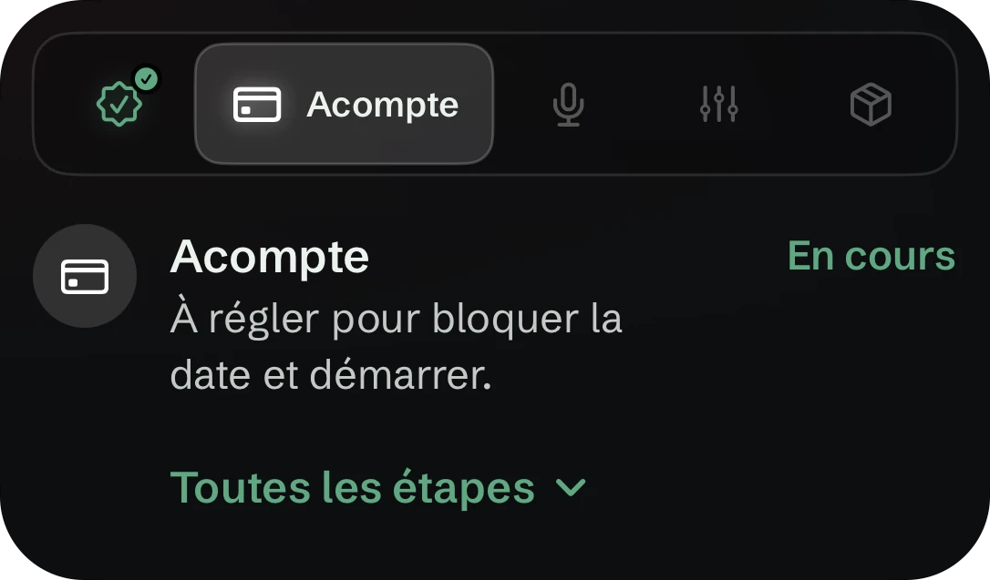 L'avancement du morceau : l'étape en cours, l'acompte, à régler pour bloquer la date et démarrer.